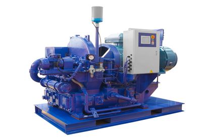 A skid-mounted industrial machine assembly with control cabinet