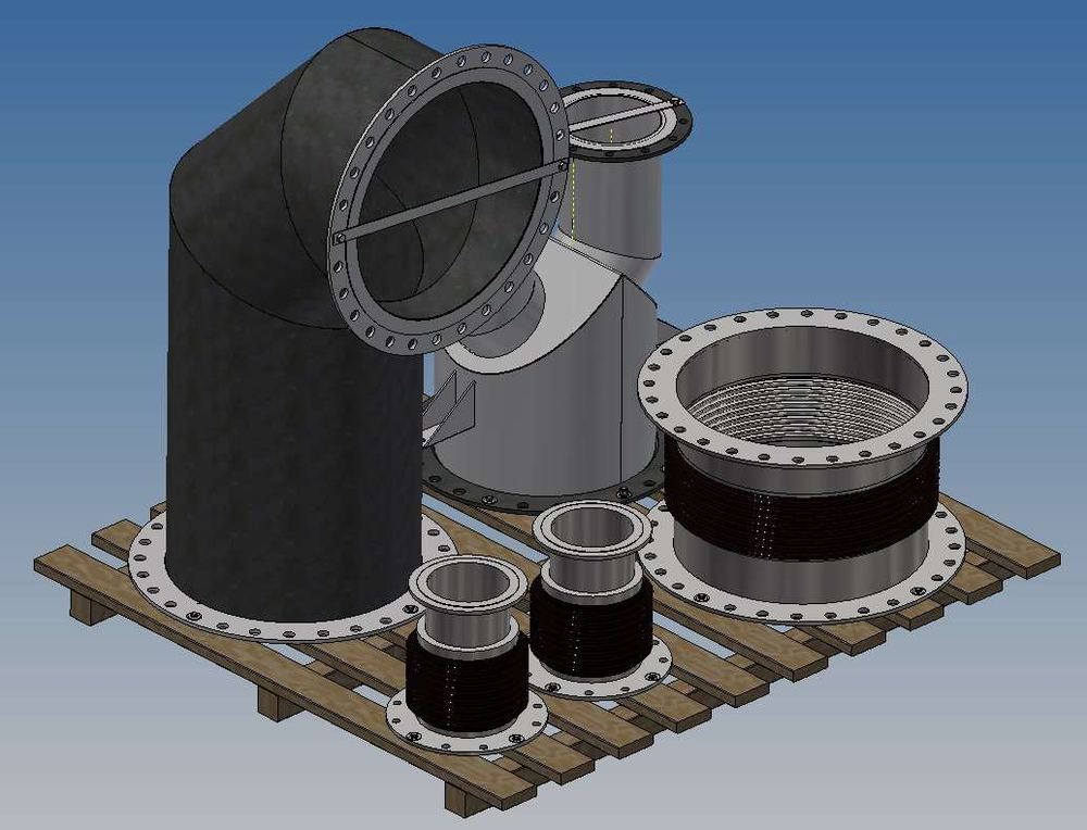 3D CAD model of an exhaust accessory package including rain cap, elbow, flanges and bellows